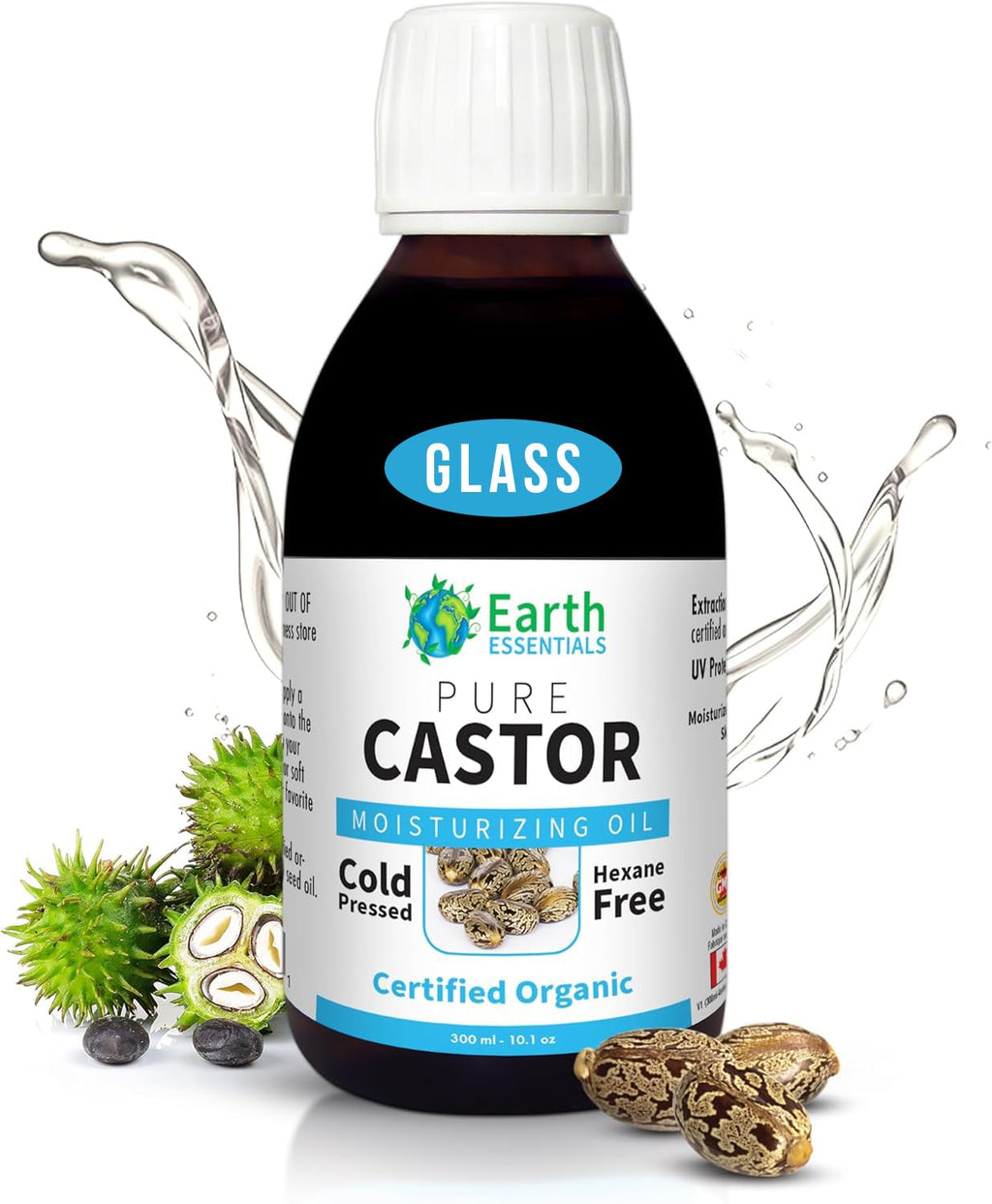 Earth Essentials Castor Oil 100% Pure Certified Organic Cold Pressed Hexane Free - 300ml 10 Oz Glasss Bottle