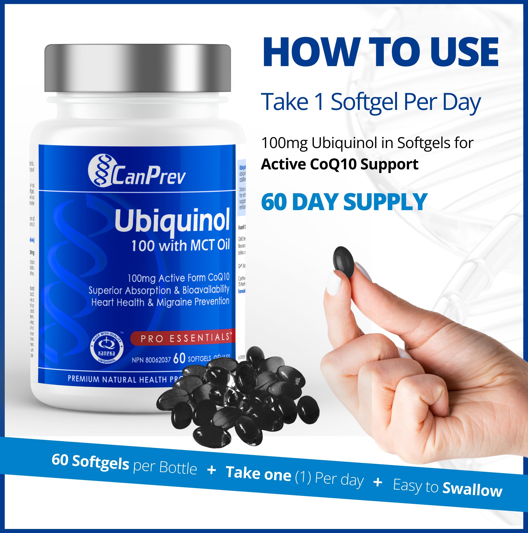 CanPrev Ubiquinol 100mg with MCT Oil, 60 Softgels, 2-Month Supply, CoQ10 Supplement for Heart & Cardiovascular Support, Enhanced Absorption, Non-GMO & Gluten Free, Coenzyme Q10 for Energy & Vitality