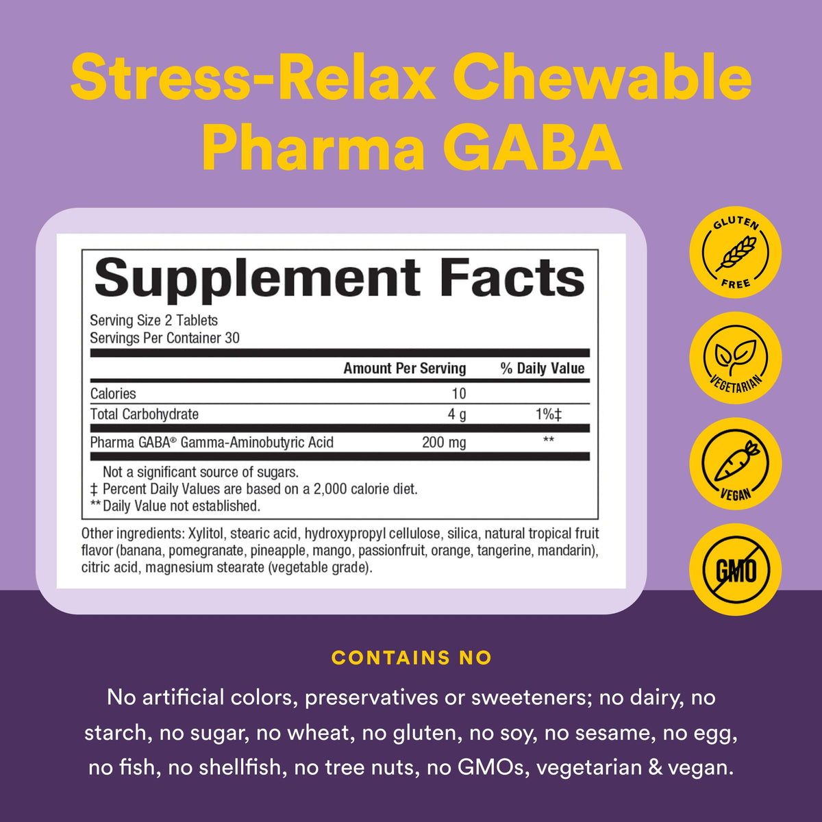 Natural Factors Stress-Relax Chewable Gaba 100 milligrams, Tropical Fruit Flavor, 60 Tablets (30 Servings)