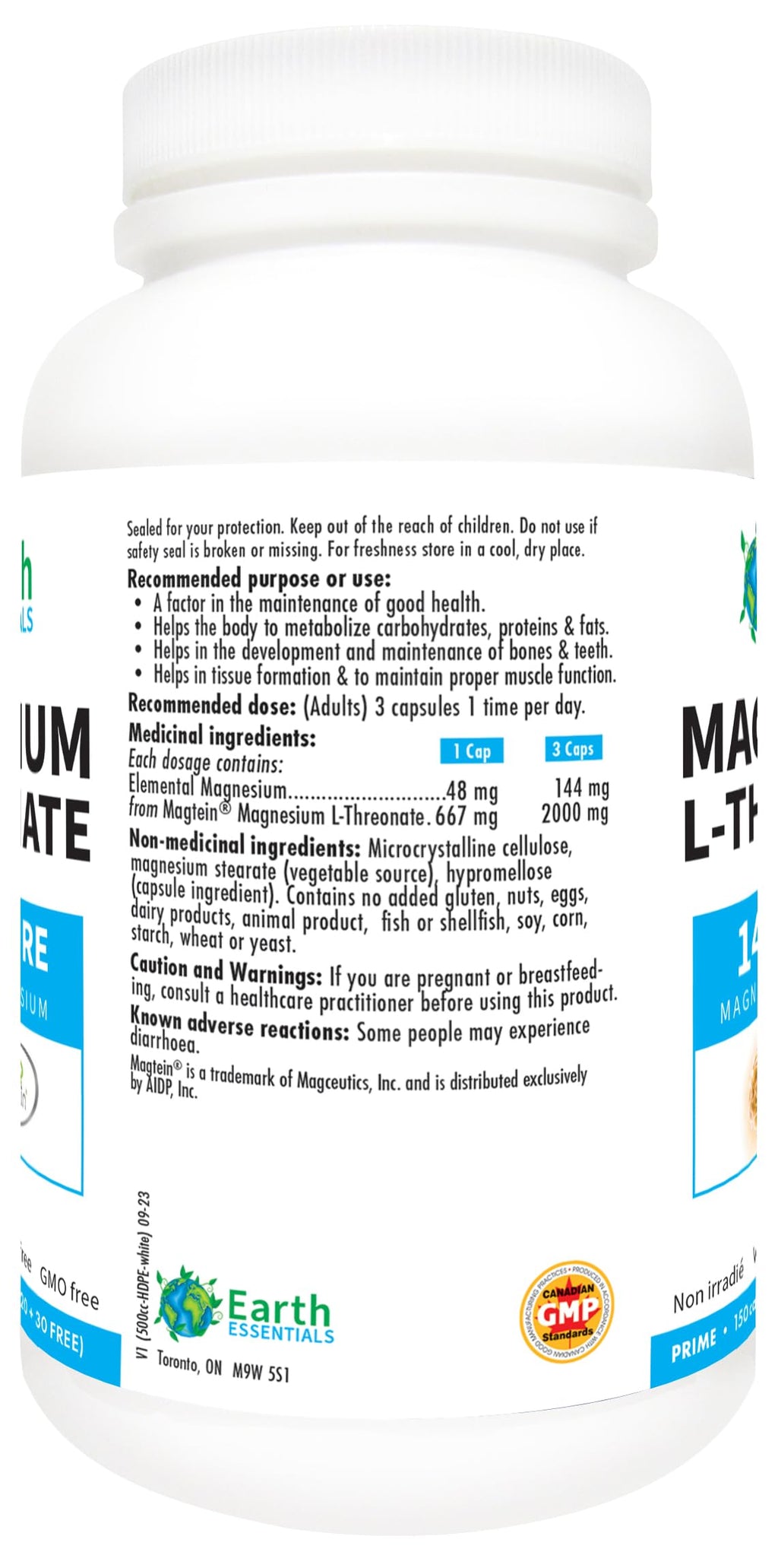 Earth Essentials Magnesium L-Threonate Magtein 2,000 mg per serving144 elemental Magnesium - BONUS Size 150 Veggie Caps (120+30 FREE)