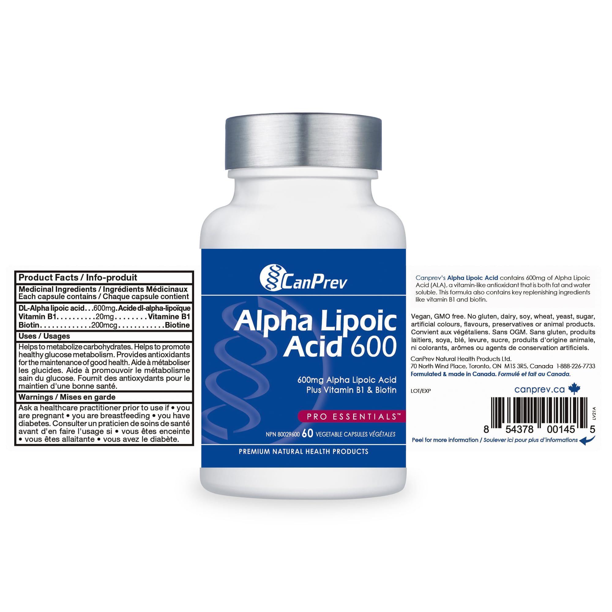 CanPrev Alpha Lipoic Acid 600mg Capsules - 60 Vegan Capsules, 60-Day Supply - Helps to Promote Healthy Glucose Metabolism with Thiamine - Provides Antioxidants for the Maintenance of Good Health