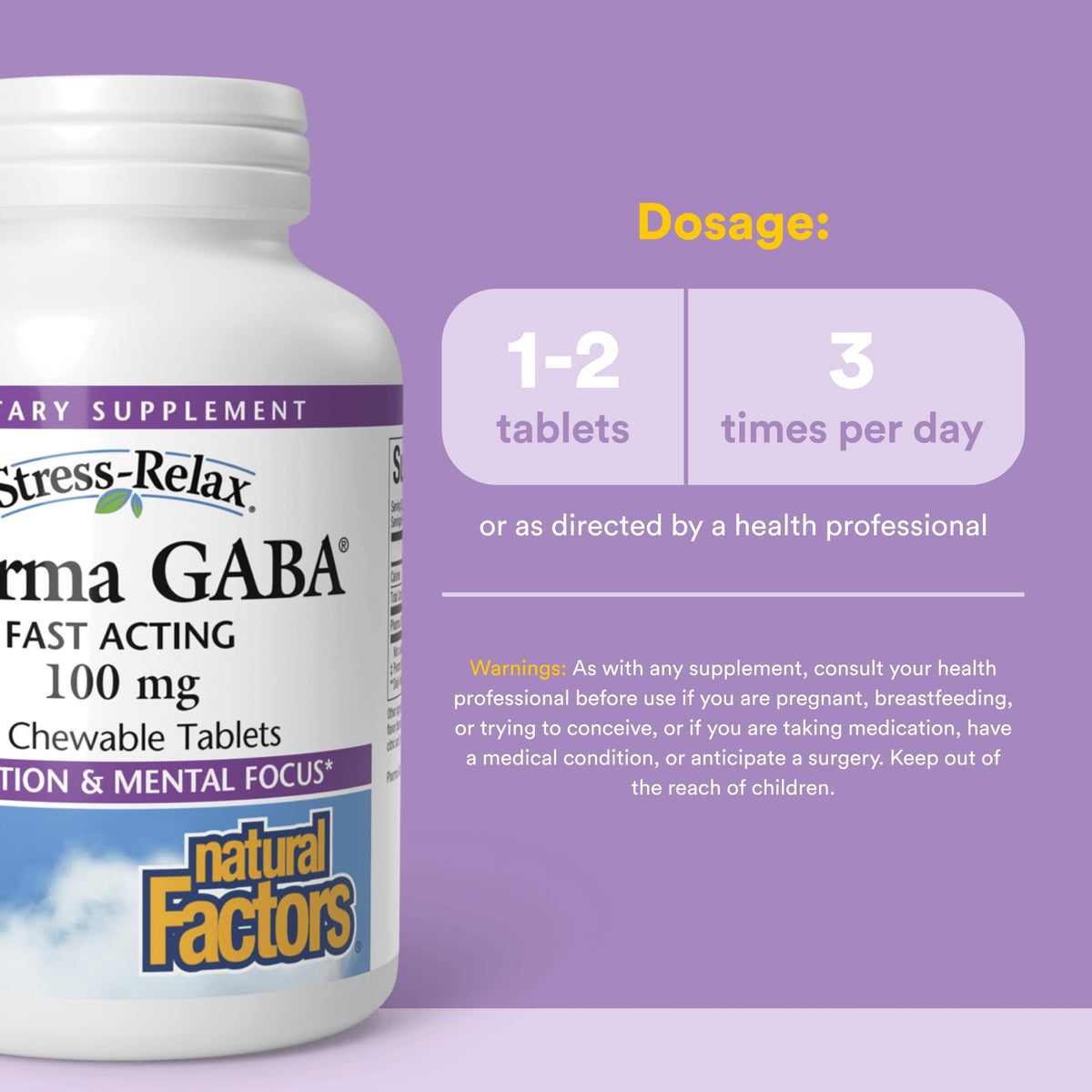 Natural Factors Stress-Relax Chewable Gaba 100 milligrams, Tropical Fruit Flavor, 60 Tablets (30 Servings)