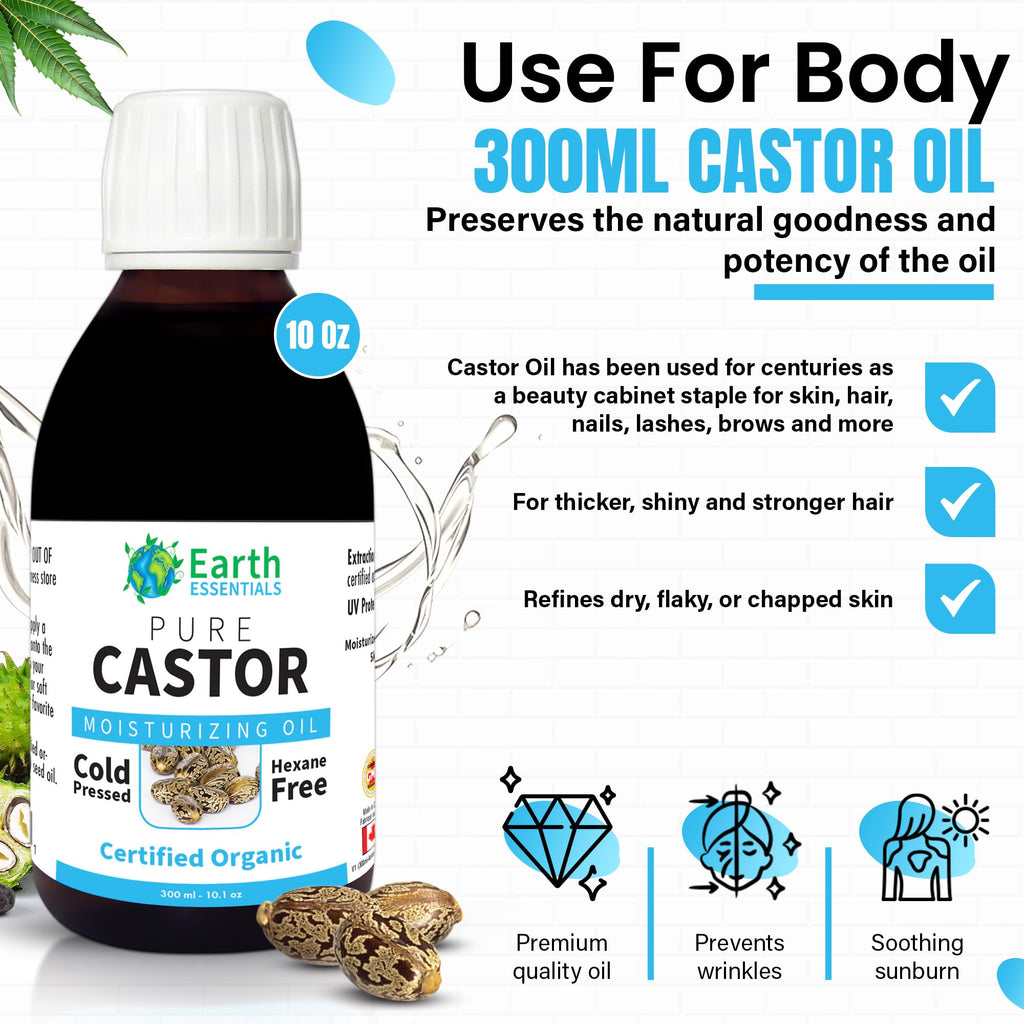 Earth Essentials Castor Oil 100% Pure Certified Organic Cold Pressed Hexane Free - 300ml 10 Oz Glasss Bottle