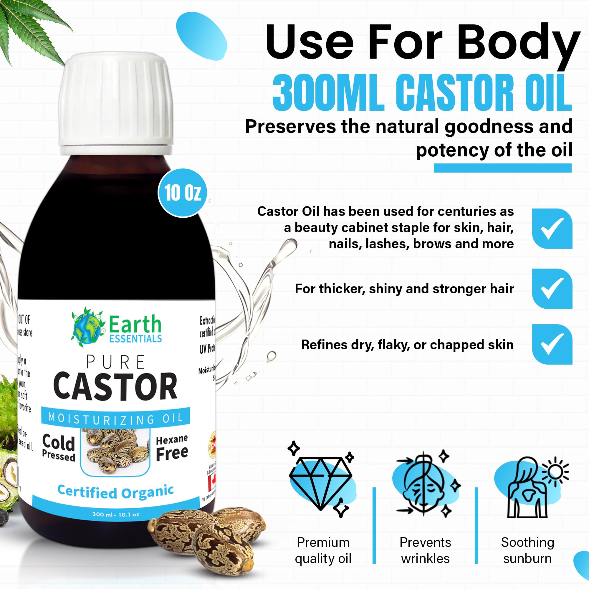 Earth Essentials Castor Oil 100% Pure Certified Organic Cold Pressed Hexane Free - 300ml 10 Oz Glasss Bottle