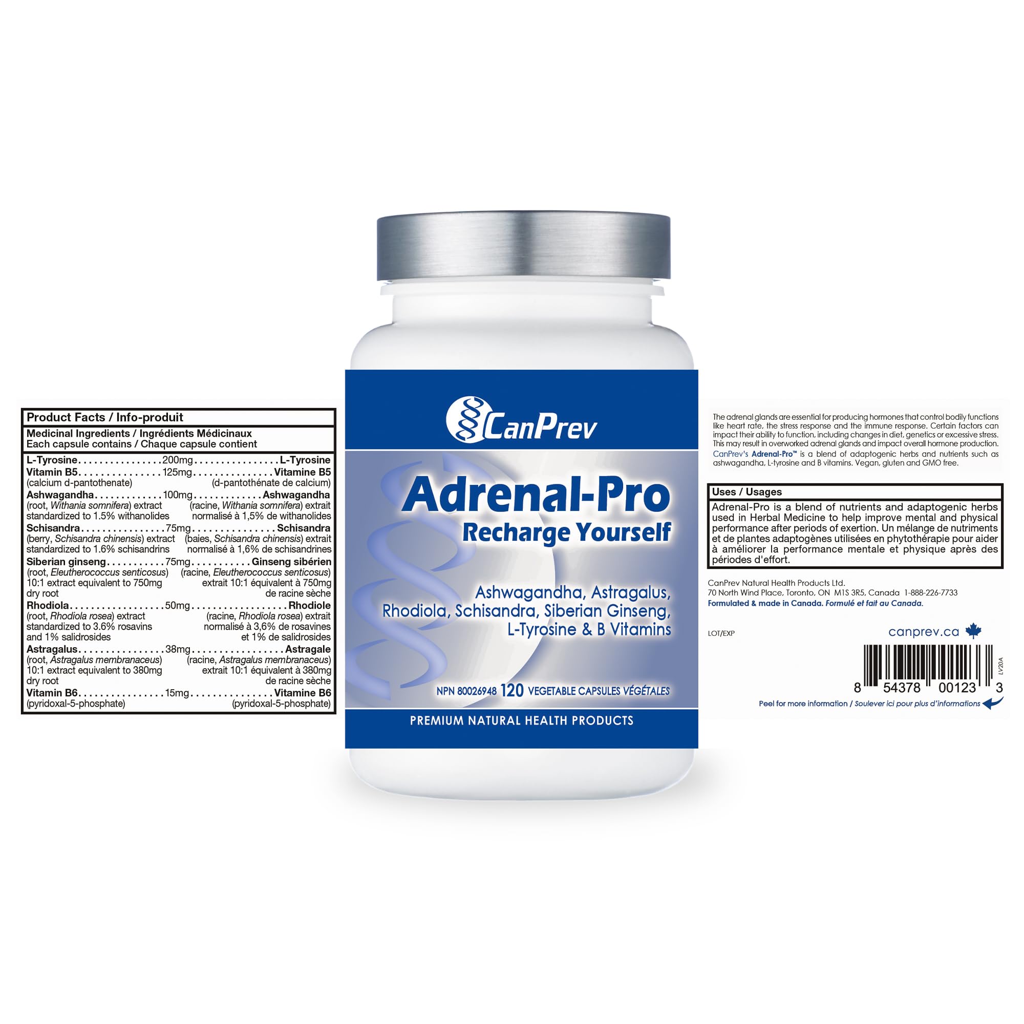 CanPrev Adrenal-Pro Recharge Yourself, 120 Vegan V-Caps with Siberian Ginseng, 30-Day Supply with Ashwagandha, Astragalus, L-Tyrosine, B5 & B6 - Supports Energy Levels, Physical and Mental Vitality