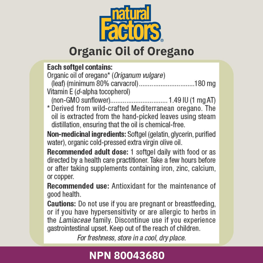 Natural Factors Oil of Oregano Softgels, 180 mg, Minimum 80% Carvacol, Provides Antioxidant Protection, Proudly Canadian
