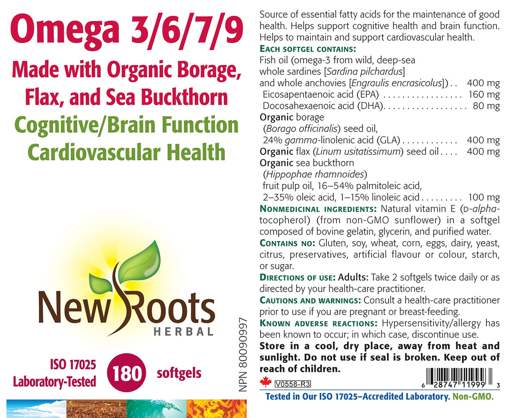 New Roots Herbal Omega 3/6/7/9, 180 Softgels, 45-Day Supply, Organic Borage, Flaxseed & Sea Buckthorn Blend, Supports Heart Function & Cognitive Wellness, Non-GMO, No Fishy Aftertaste, Easy-to-Swallow