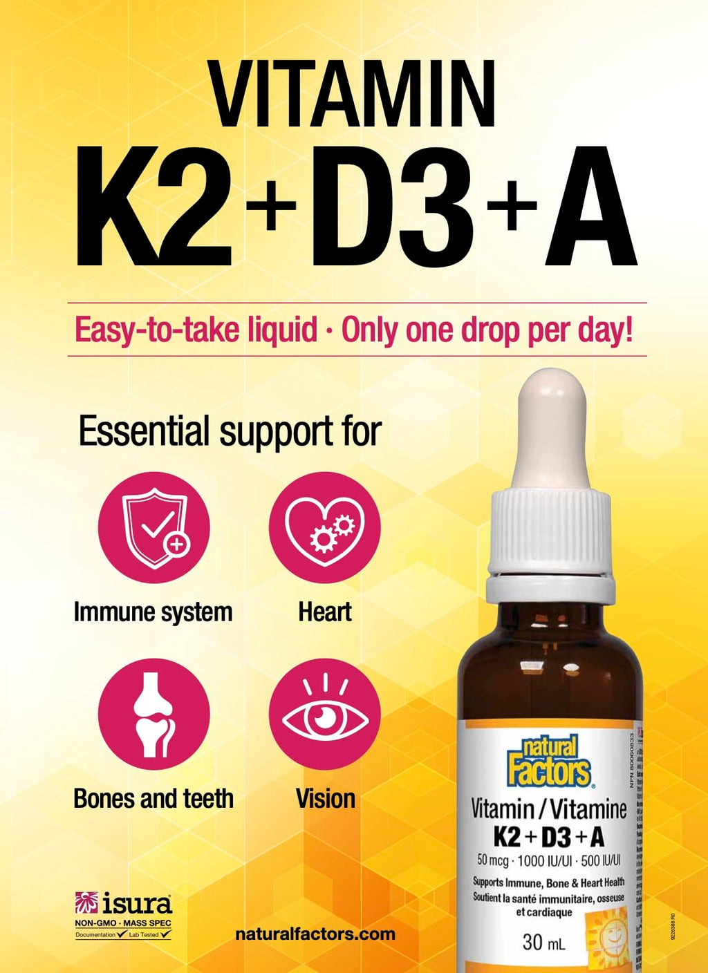 Natural Factors Vitamin D 1000IU, Vitamin K2 50mcg, Vitamin A 500IU, 30 ml