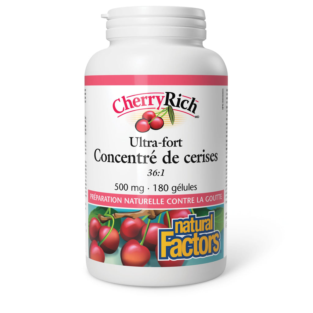Natural Factors CherryRich SUPER STRENGTH Cherry Concentrate 500 mg 36:1 = 18,000 mg, 180 Softgels, Natural Gout Support, Proudly Canadian