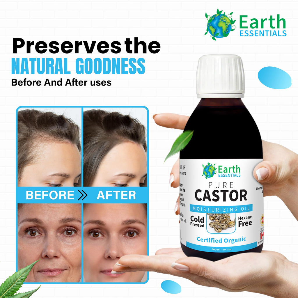 Earth Essentials Castor Oil 100% Pure Certified Organic Cold Pressed Hexane Free - 300ml 10 Oz Glasss Bottle