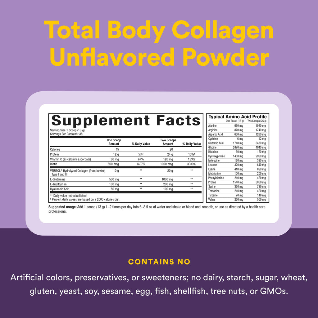 Natural Factors - Total Body Collagen Bioactive Peptides Unflavoured, 500g Powder - Complete Amino Acid Supplement with Hyaluronic Acid, Glutamine and Biotin - Hydrated Skin, Muscle & Joint Recovery