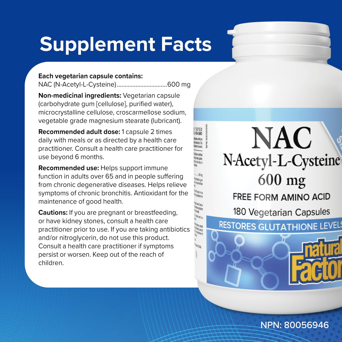 Natural Factors NAC Supplement 600mg 180 Vegetarian Capsules