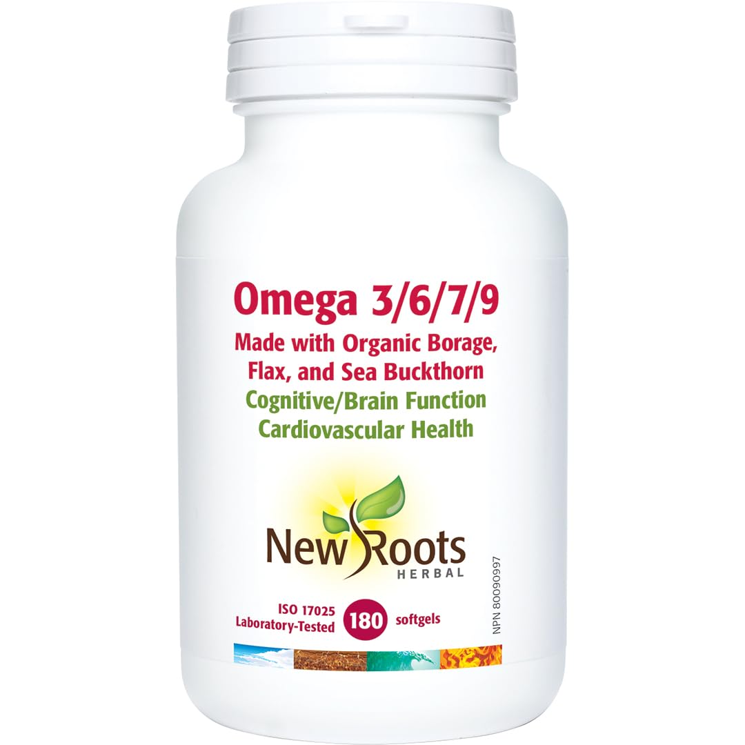 New Roots Herbal Omega 3/6/7/9, 180 Softgels, 45-Day Supply, Organic Borage, Flaxseed & Sea Buckthorn Blend, Supports Heart Function & Cognitive Wellness, Non-GMO, No Fishy Aftertaste, Easy-to-Swallow