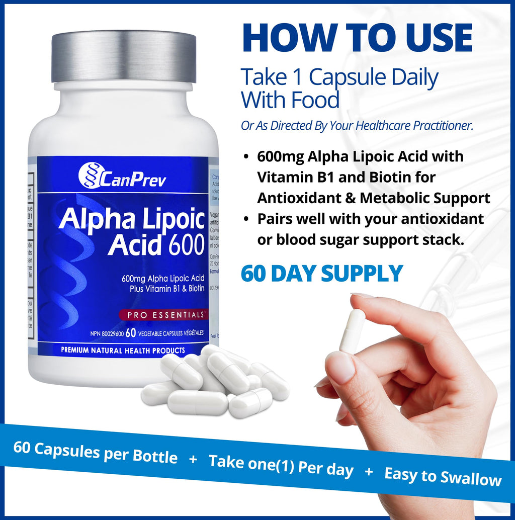 CanPrev Alpha Lipoic Acid 600mg Capsules - 60 Vegan Capsules, 60-Day Supply - Helps to Promote Healthy Glucose Metabolism with Thiamine - Provides Antioxidants for the Maintenance of Good Health