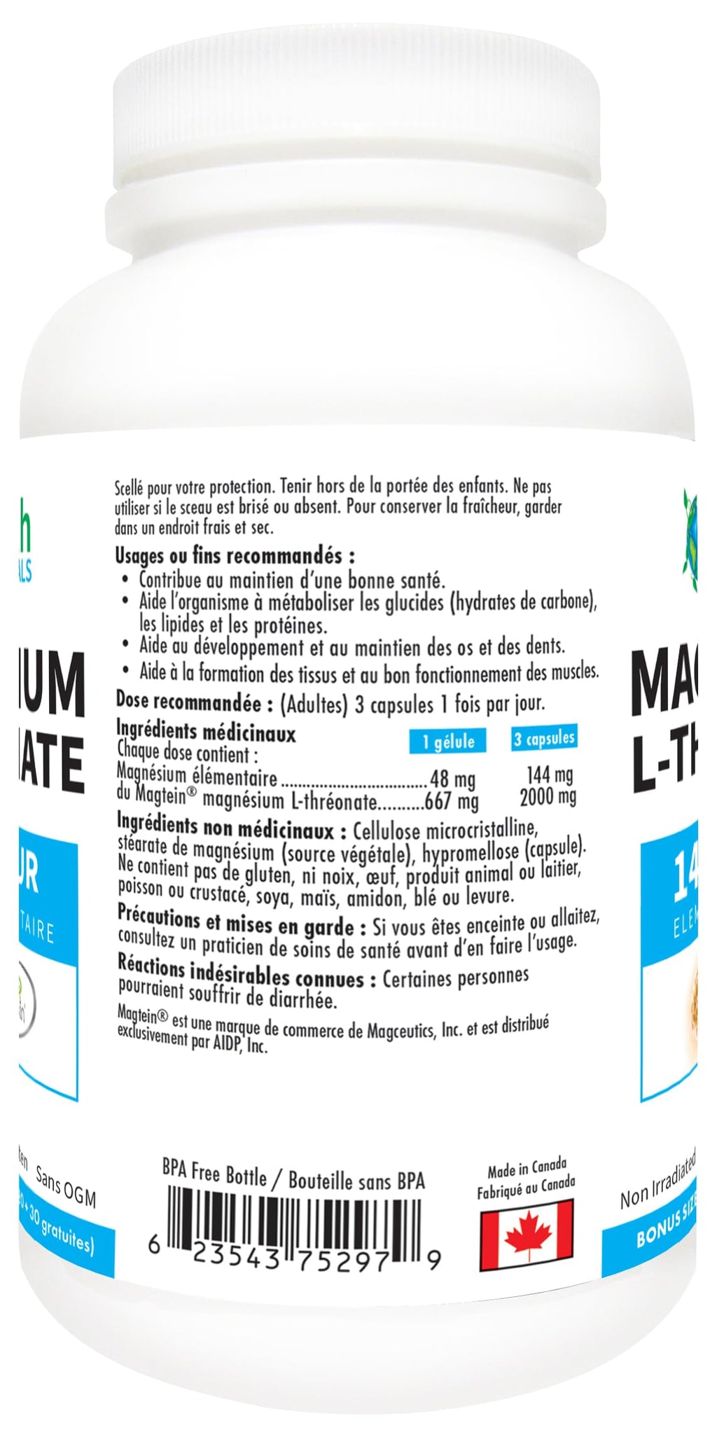 Earth Essentials Magnesium L-Threonate Magtein 2,000 mg per serving144 elemental Magnesium - BONUS Size 150 Veggie Caps (120+30 FREE)