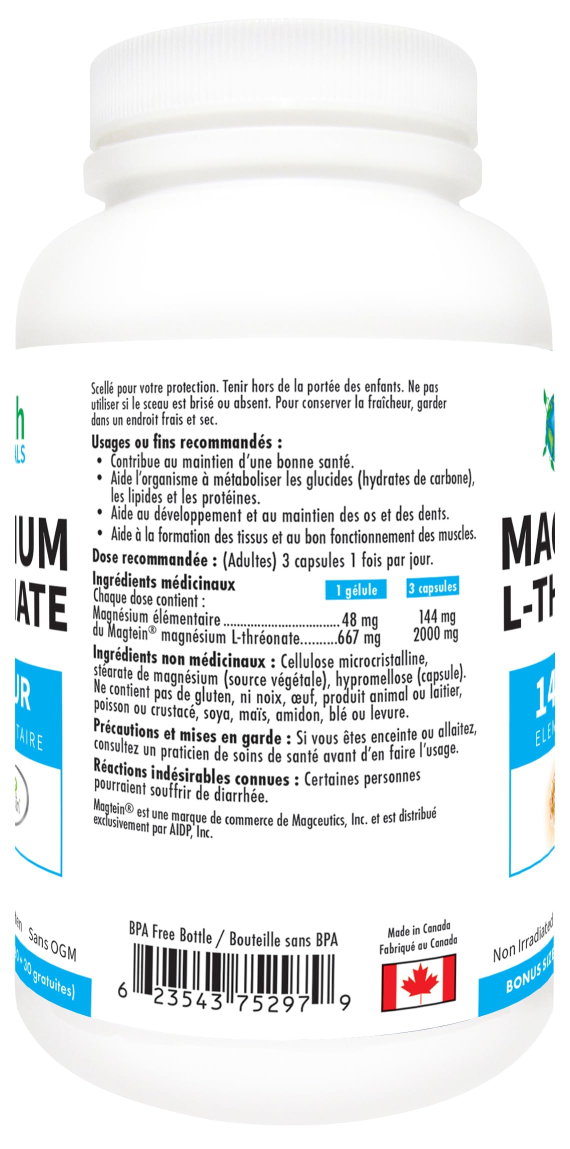 Earth Essentials Magnesium L-Threonate Magtein 2,000 mg per serving144 elemental Magnesium - BONUS Size 150 Veggie Caps (120+30 FREE)