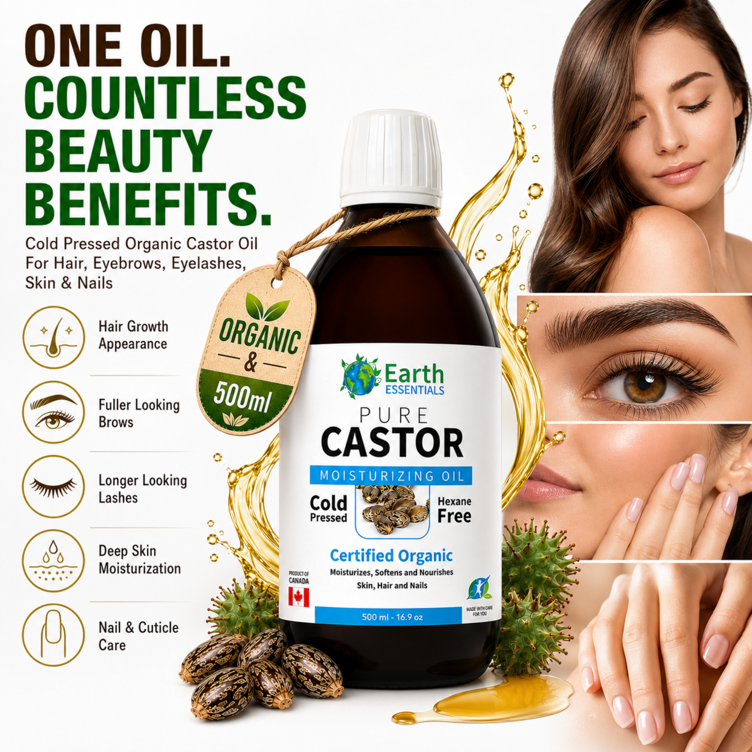 Earth Essentials Castor Oil 100% Pure Certified Organic Cold Pressed Hexane Free - 500ml 16.9 Oz