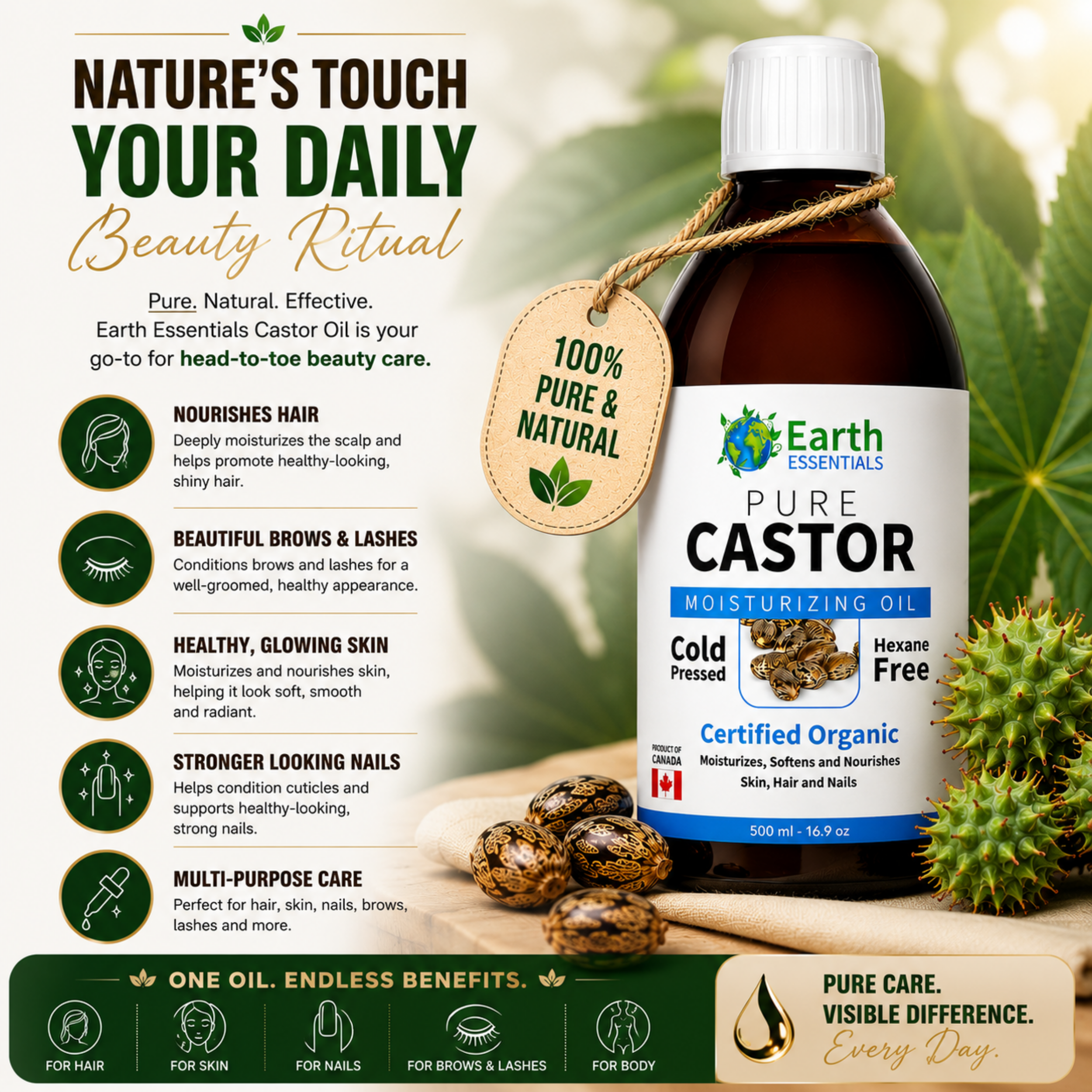 Earth Essentials Castor Oil 100% Pure Certified Organic Cold Pressed Hexane Free - 500ml 16.9 Oz